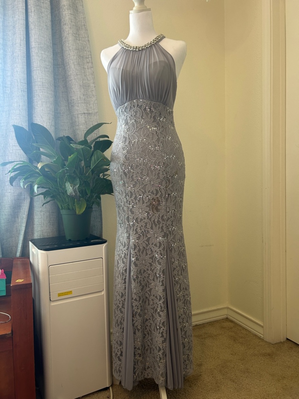 Silver Gray Beaded Halter Evening Gown